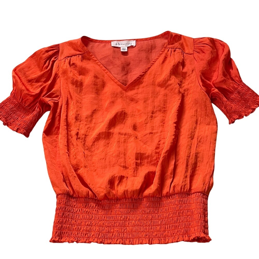 Philosophy Republic Clothing Orange Smocked V-Neck Puff Sleeve Blouse XS